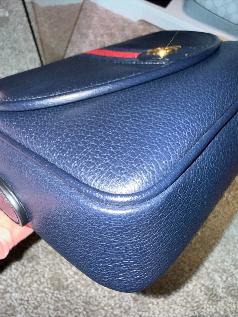Gucci Navy Leather Crossbody with Red Stripe and Green Strap
